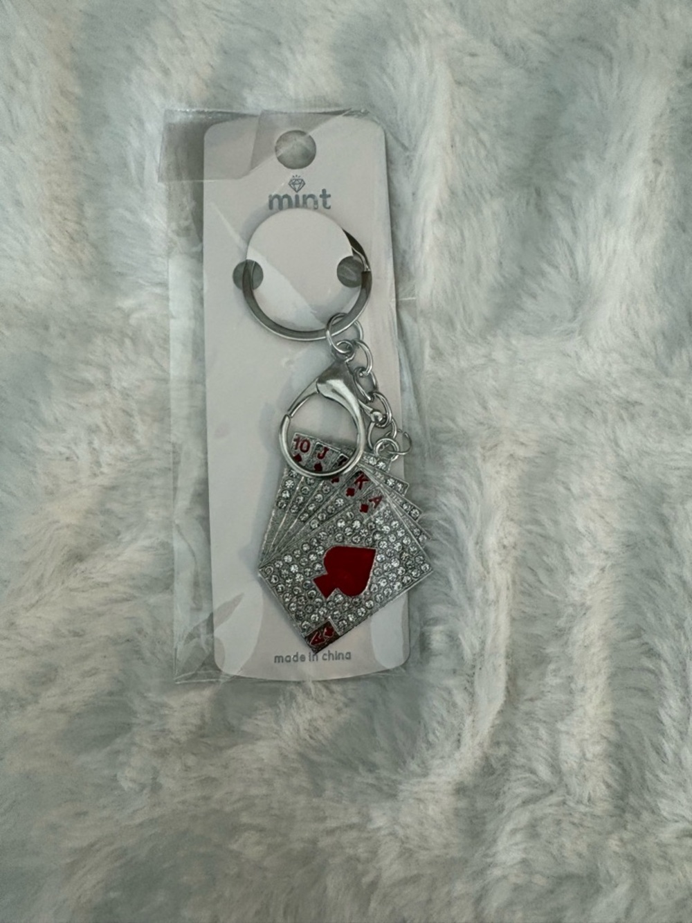Mint Silver-Tone Rhinestone Card Fan Keychain with Red Heart